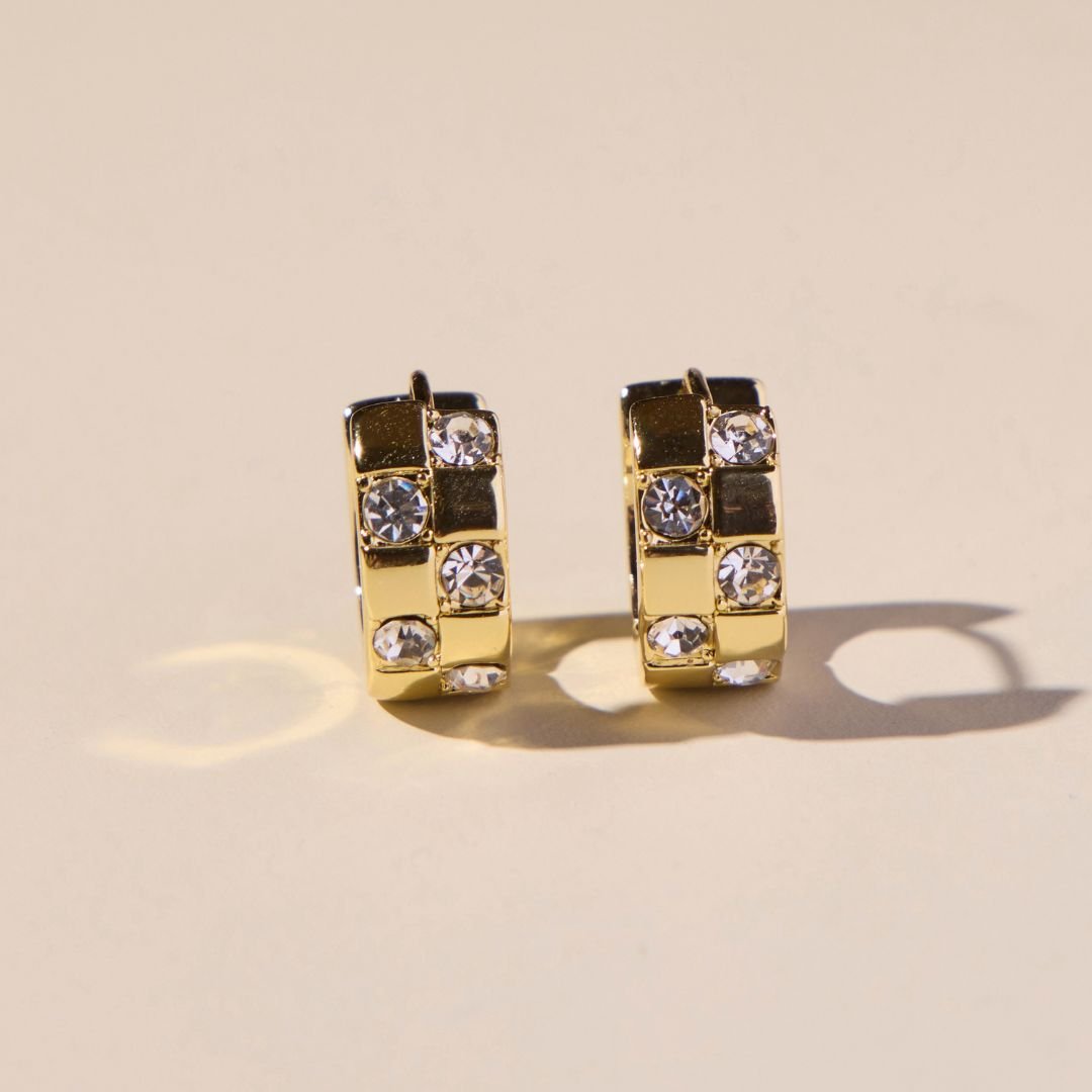 Gold Pavé Checkered Huggies