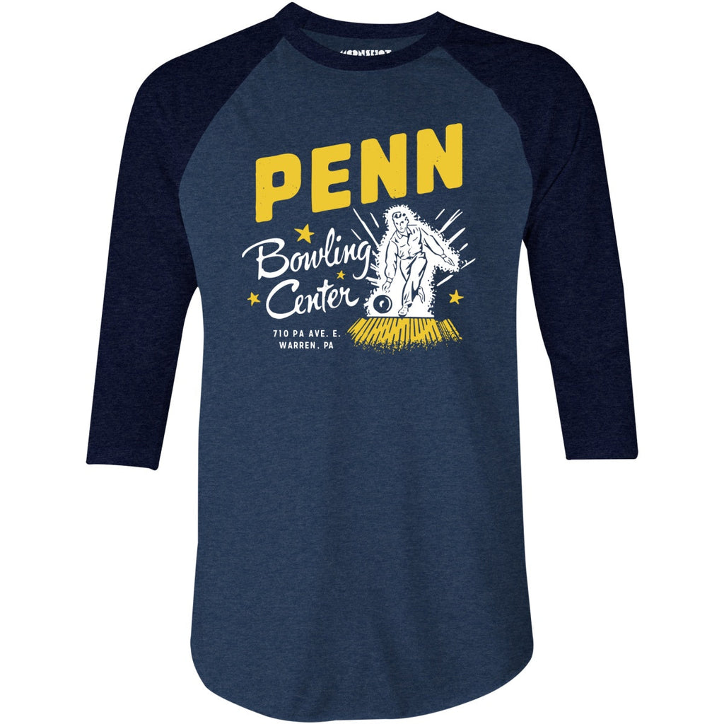 Penn Bowling Center - Warren, PA - Vintage Bowling Alley - 3/4 Sleeve Raglan
