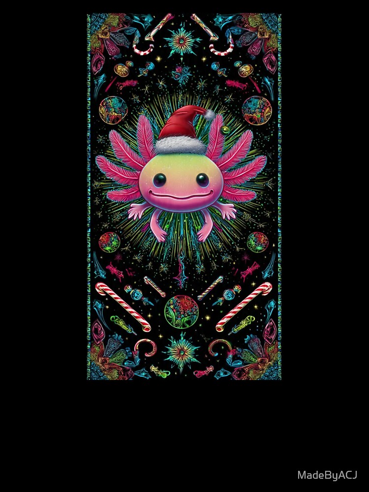 Trippy Santa Axolotl Christmas Illustration – Colorful Holiday Creature – Festive Amphibian Art by MadeByACJ