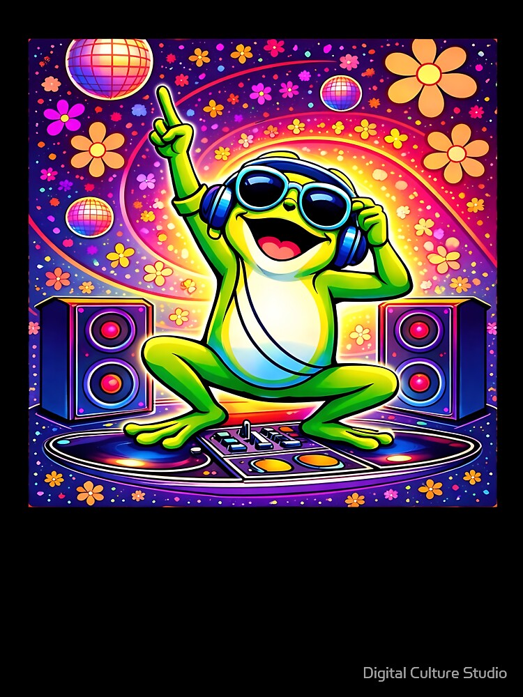 Psychedelic Dancing Frog DJ – Trippy Rainbow Rave Animal with Headphones by Digital Culture Studio