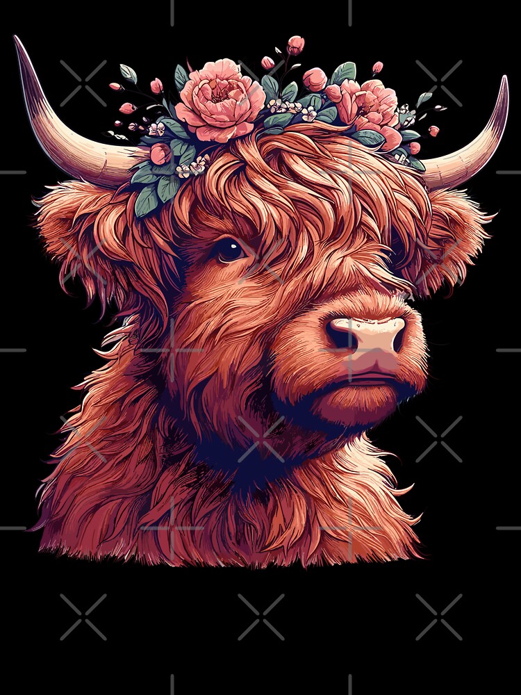 Funny scottish highland cow with flower crown by TomFrontierArt