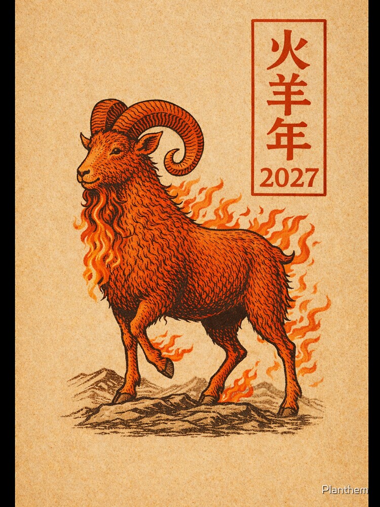 Vintage Fire Goat 2027 – Red Goat Year, Japanese Woodblock Style by Planthem