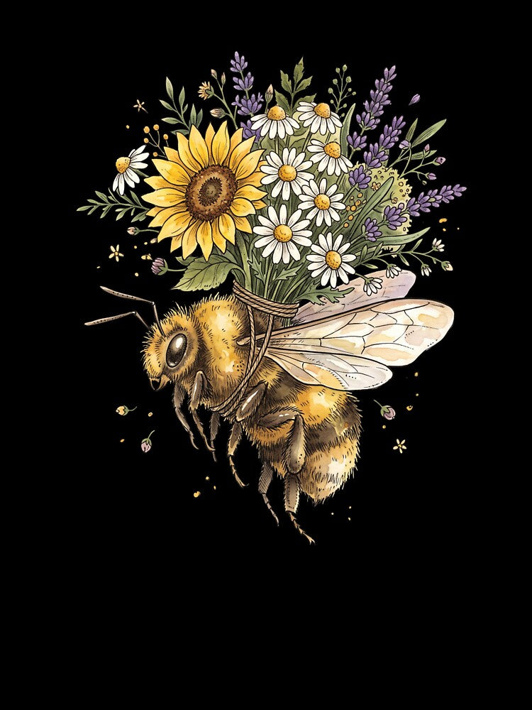 Vintage Bumblebee Wildflower Bouquet Botanical Art by Ortsas