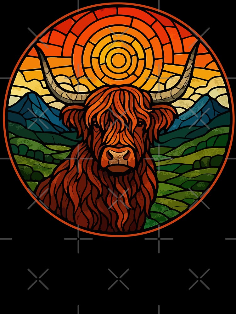 Scottish Highland Cow Heilan Coo Retro Stained Glass by TomFrontierArt