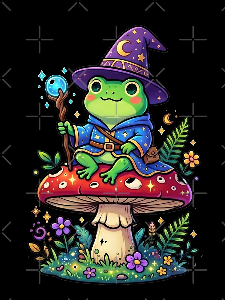 Frog Wizard cute Sitting on Mushroom – Kawaii Fantasy Magic Frog Sticker, Magical Frog Illustration by ArtsyExplorer