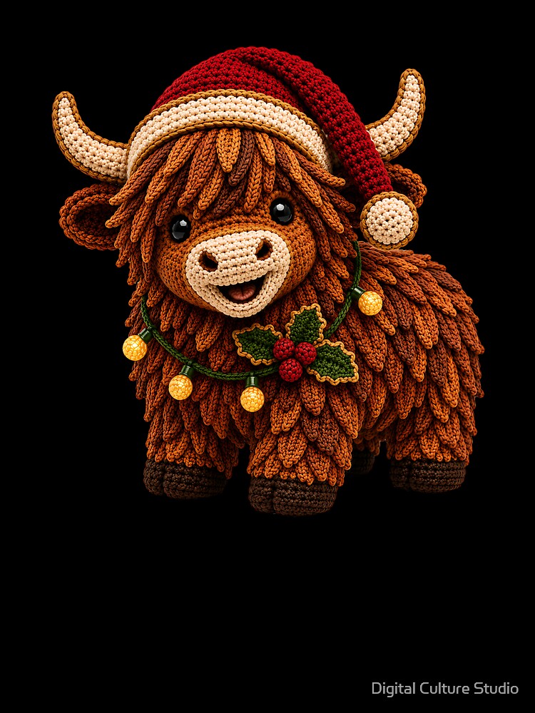 Christmas Crochet Highland Cow – Festive Cow Yarn Art by Digital Culture Studio