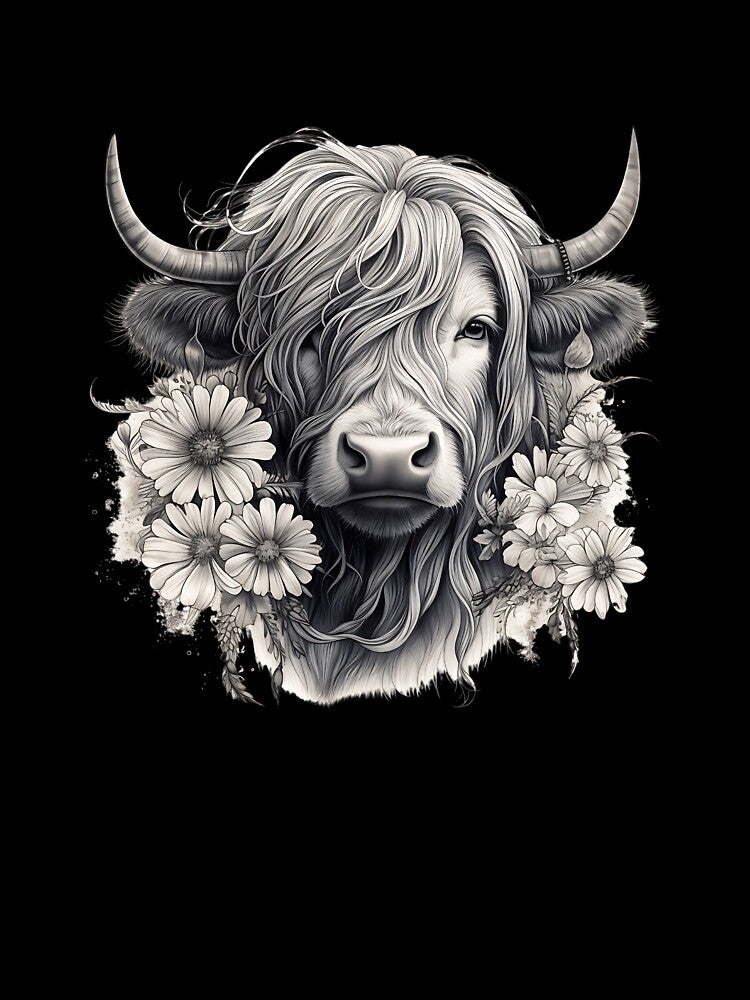 Highland Cow With Daisies Flower by LucyArtDesign