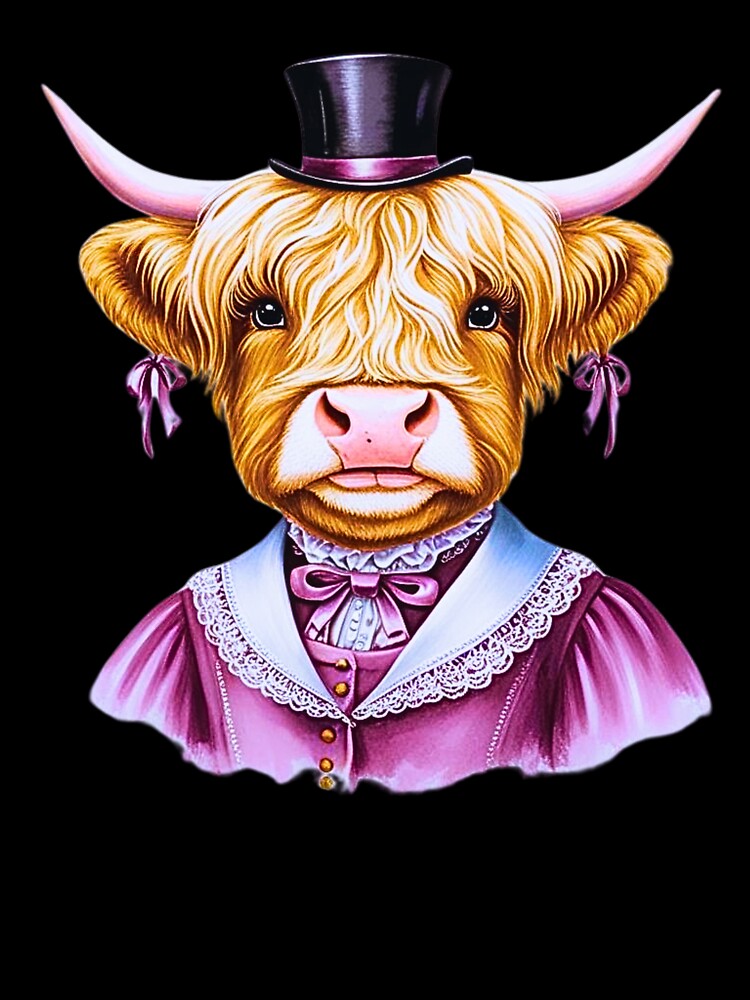 Pretty in Pink, Highland cow in pink Victorian dress by PrettyDecor