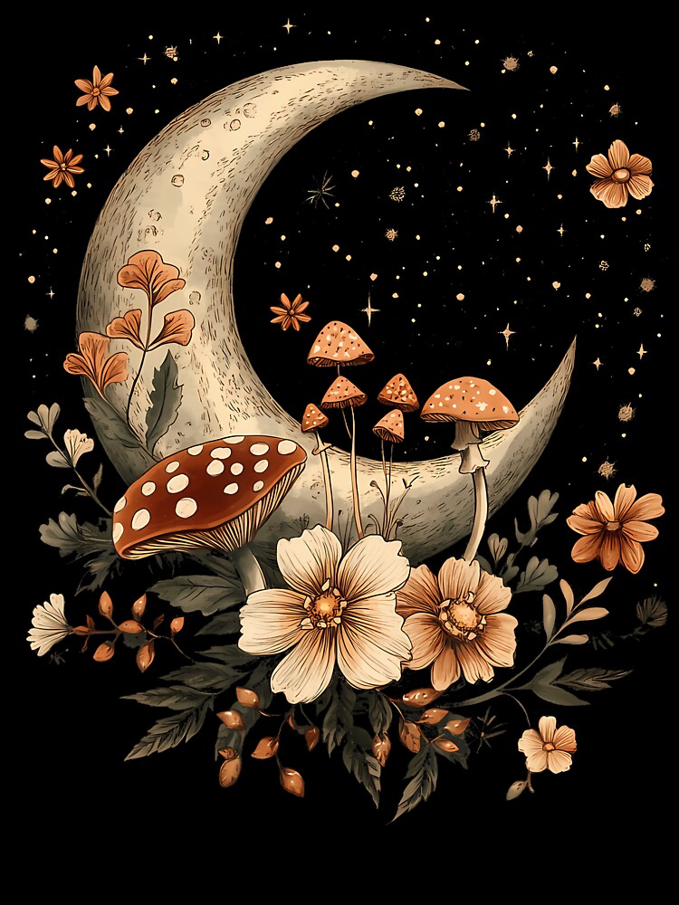 Moon Mushroom Floral Goblincore by AngelaSandra