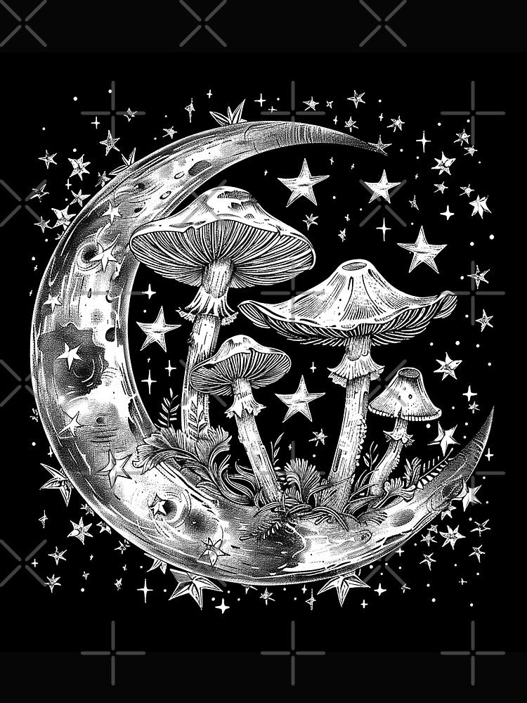 Celestial Mushroom Moon Mystical Crescent Moon and Stars Art by inkoutninja