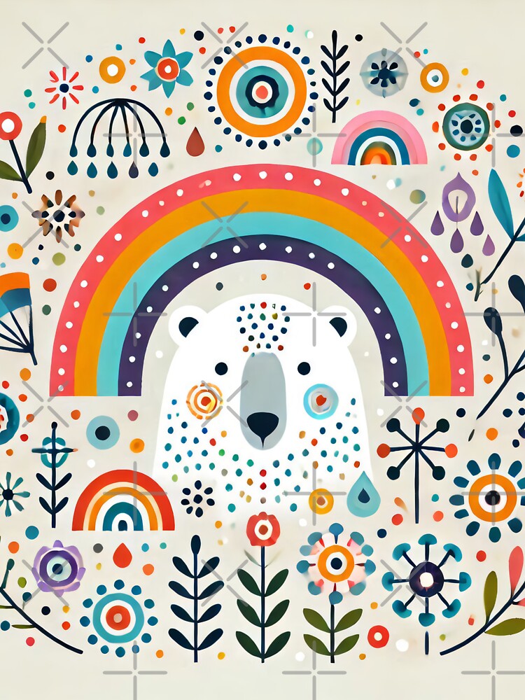 Happy Polar Bear with Rainbow and Flowers - Scandinavian Folk Art by heidiannemorris © by FOLK ART FUSION