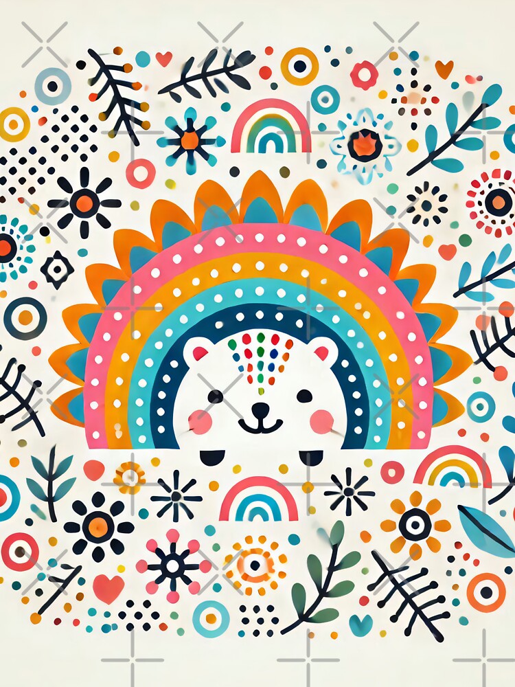 Happy Baby Polar Bear Cub with Rainbow Flowers - Scandinavian Folk Art by heidiannemorris © by FOLK ART FUSION