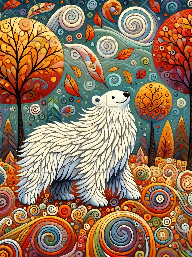 Breezy Polar Bear in Colorful Forest - Scandinavian Folk Art by heidiannemorris © by FOLK ART FUSION