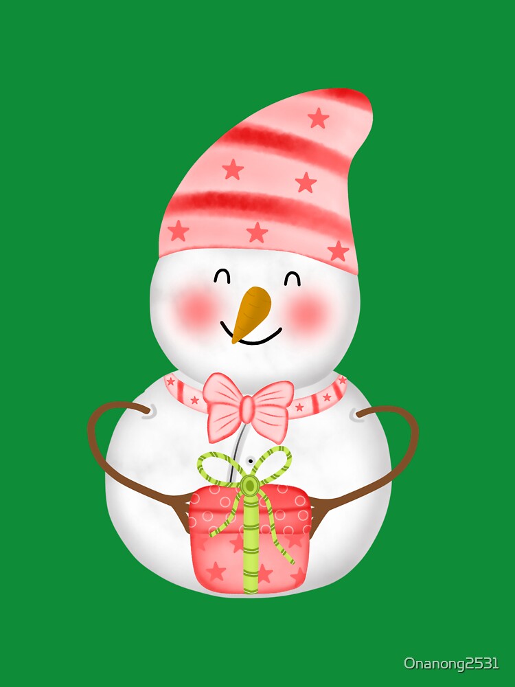 Cute lovely pink snowman with present by Onanong2531