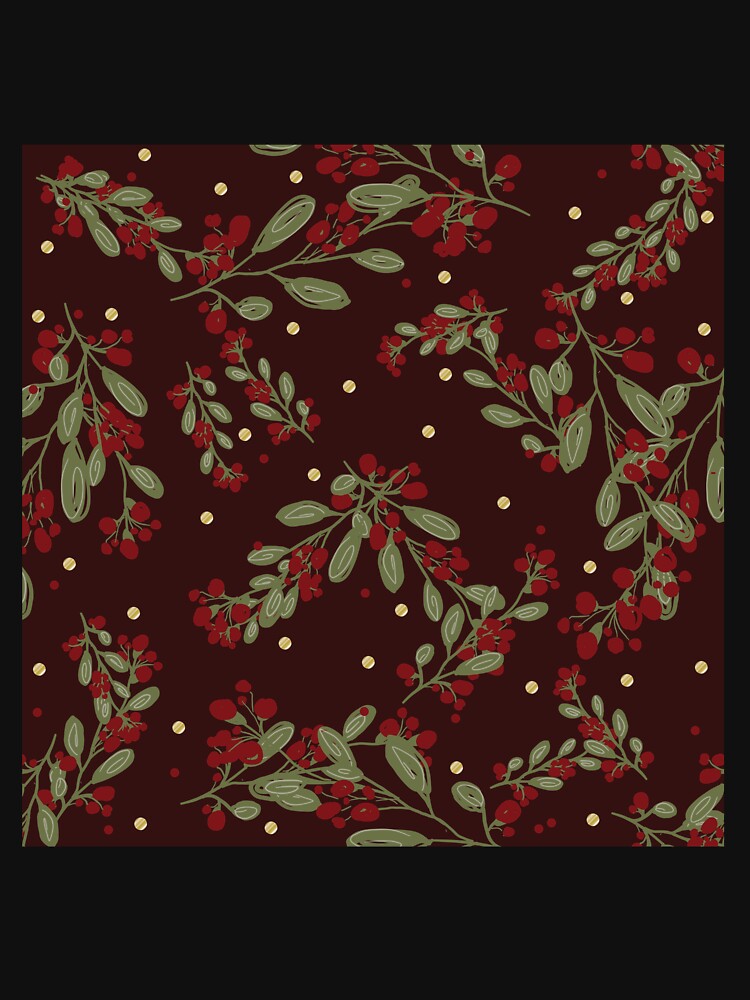 Holly Jolly Greens ;  Red Fruits & Yuletide Leaves on Maroon by PrintsByAnnJ