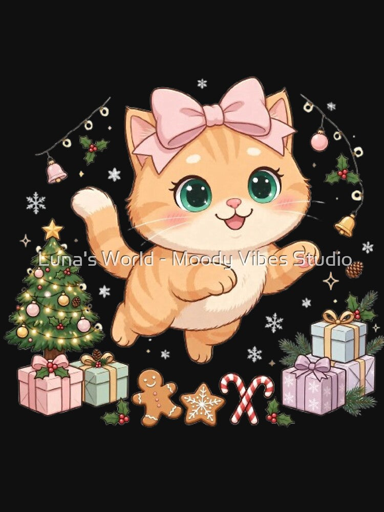 Cute Pink Bow Christmas Ginger Cat Dance by Luna's World - Moody Vibes Studio
