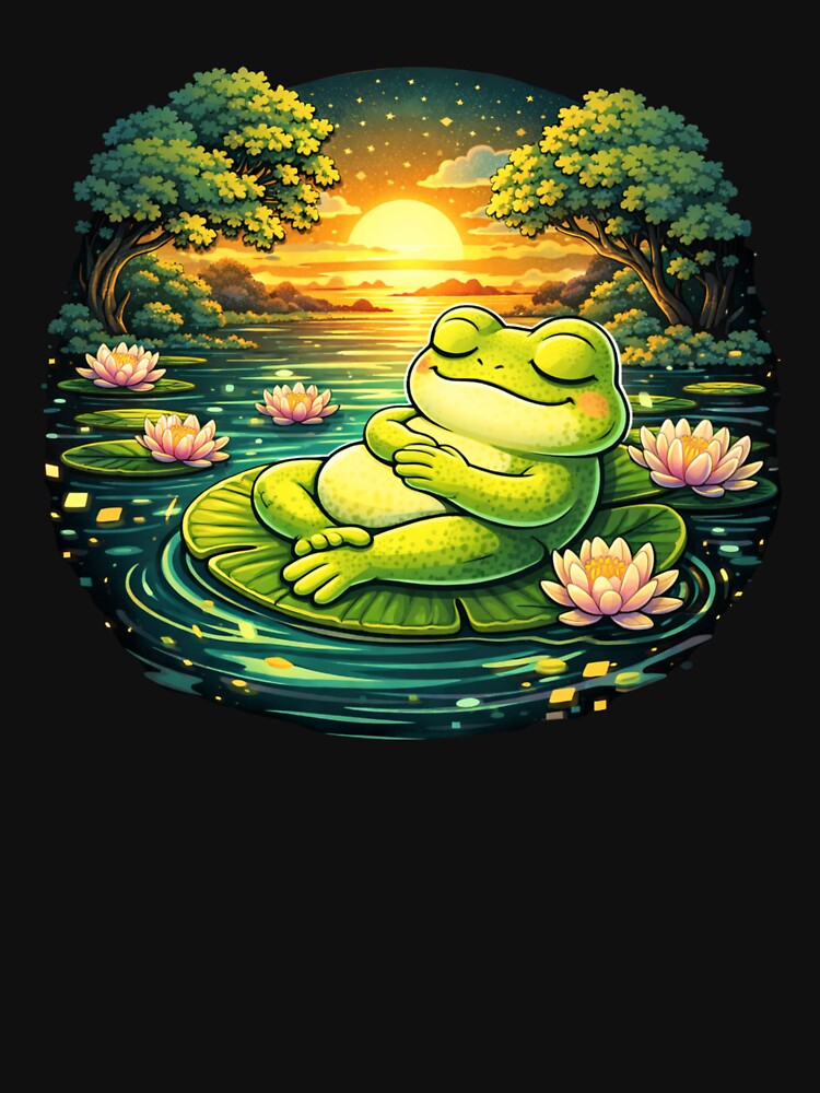 Relaxing Frog on Lily Pad Sunset Sticker – Peaceful Frog Aesthetic – Cute Frog Nature Art by VibeOffline Studio