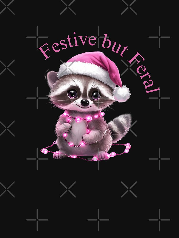 Festive but Feral | baby Raccoon with pink lights strapped around its body | Christmas/coquette | baby Raccoon ready for Christmas | by LorelaiS