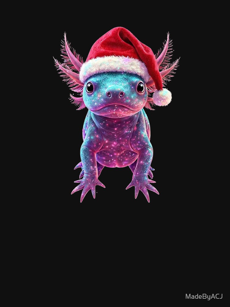 Glowing Axolotl Christmas Art – Neon Gills, Santa Hat & Holographic Snowflakes by MadeByACJ