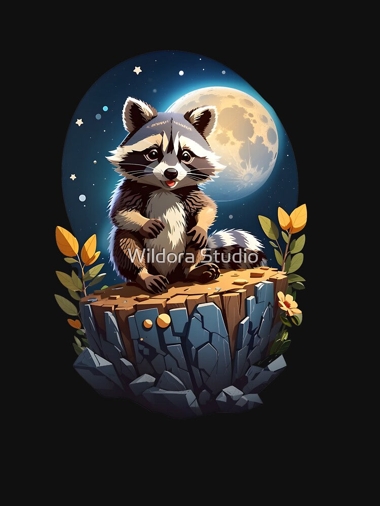raccoon moon, cute raccoon, baby raccoon, kitten raccoon by Wildora Studio