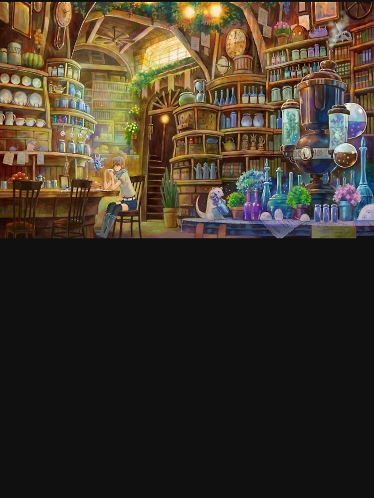 Girl sipping a hot drink in a magical potion shop cafe by MindChirp