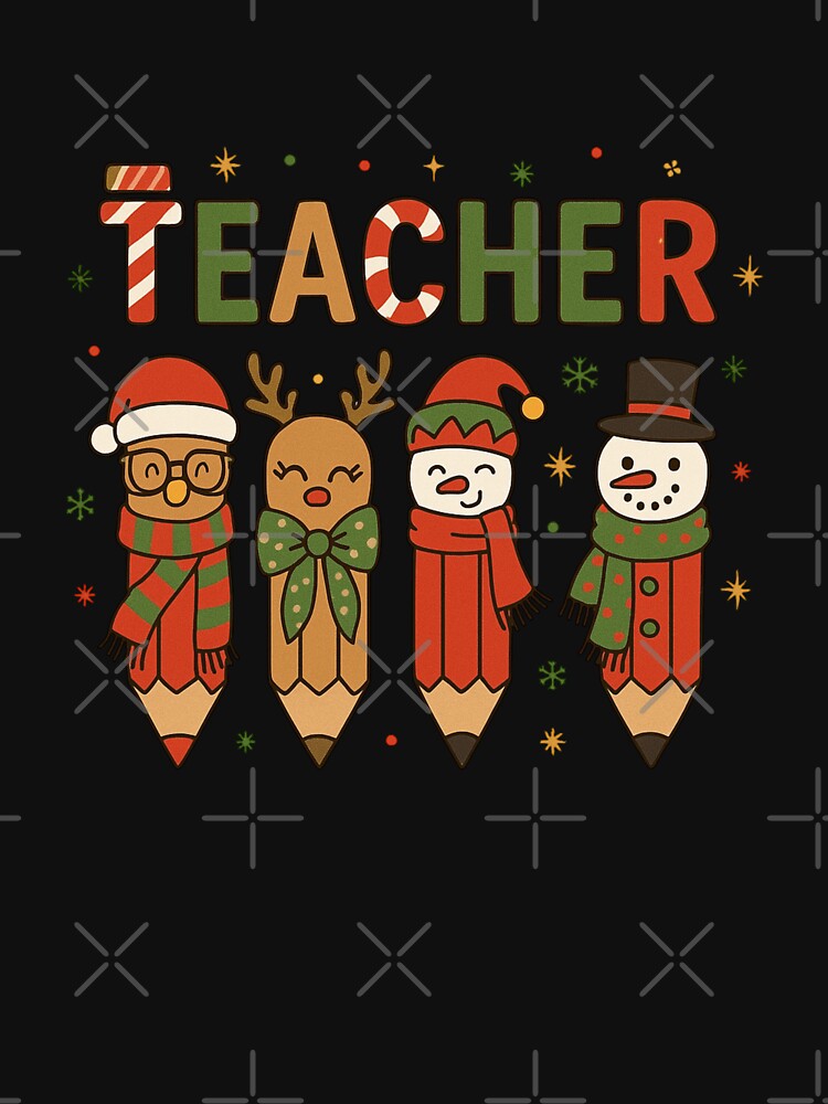 Christmas Teacher T Shirt Cute Pencil Characters Santa Reindeer Snowman Holiday Shirt Gift for Teachers Funny Xmas School Tee by New Art