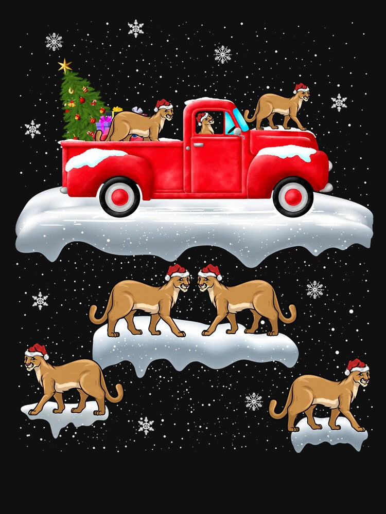 Cougar Driving Christmas Tree Red Truck Cougar Christmas by saldcharig