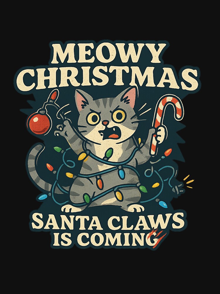 Meowy Christmas Santa Claws Funny Mad Cat Tangled in Lights Holiday Design for Stickers, Mugs, Notebooks, Pillows, Aprons, and Gifts for Cat Lovers by Eclipse 3699