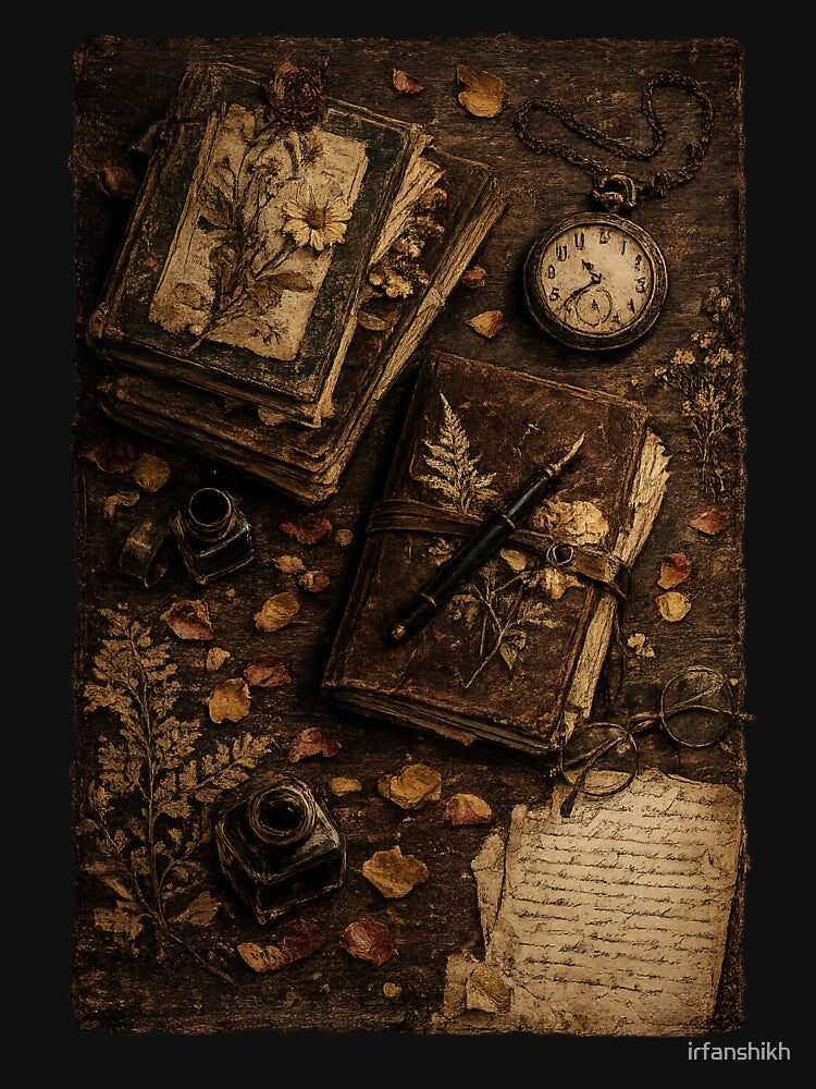 Dark Academia Study Flatlay – Vintage Aesthetic Objects Art | Dark Academia Aesthetic Sticker Gift by irfanshikh