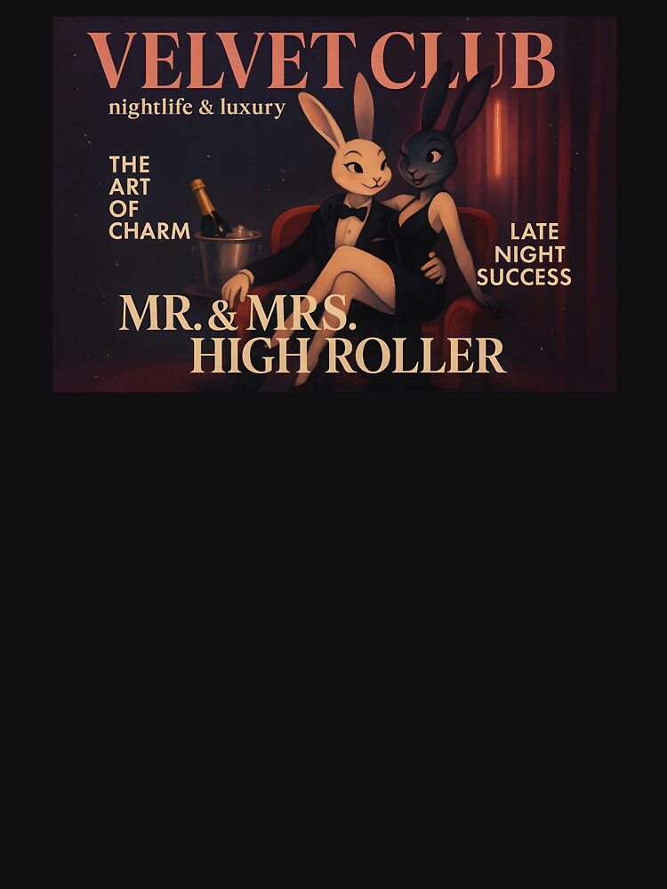 Velvet Club Noir Lounge Poster – Elegant Rabbit Couple in Tuxedo and Dress, Champagne Nightlife “Mr. & Mrs. High Roller” Vintage Magazine Cover Art by Bored Elon