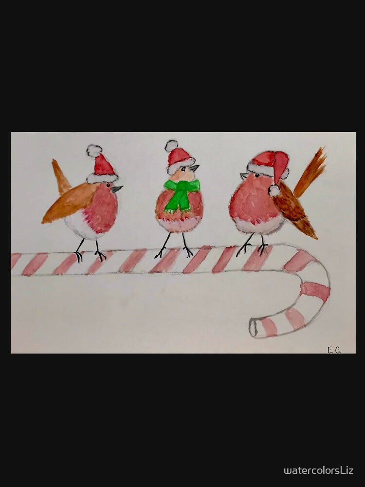 Christmas birds on a candy cane by watercolorsLiz