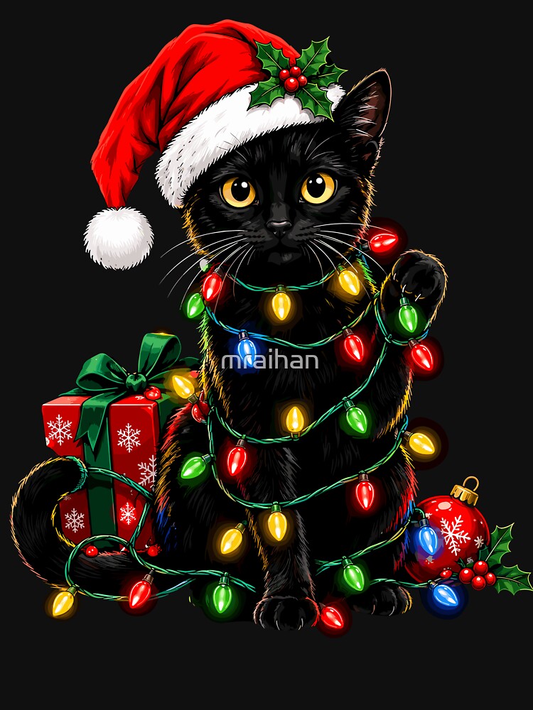 Santa Black Cat Tangled in Christmas Tree Lights | Funny Holiday Cat Christmas by mraihan