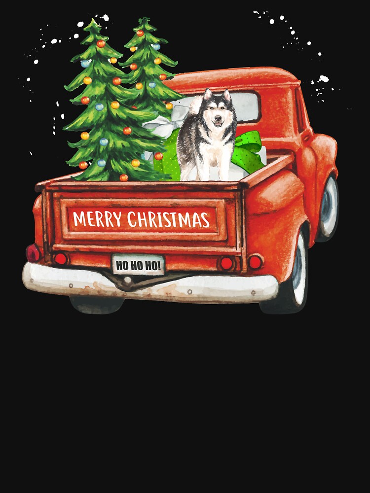 Vintage Red Merry Christmas Truck with Husky Dog by michellejustice