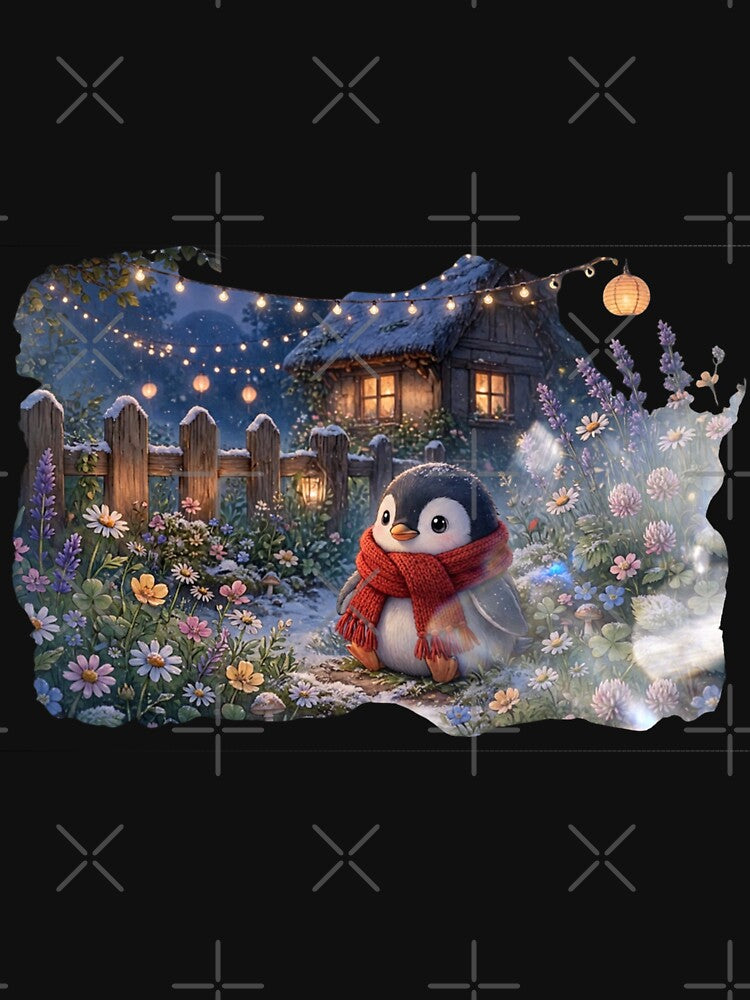 Cozy Cottagecore Penguin in Snowy Evening Garden with Lantern Lights by Neurospicy Trolls