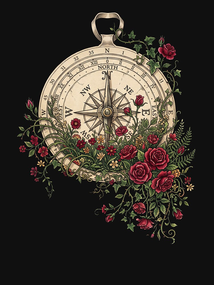 Vintage Compass Red Rose Botanical Wanderlust Art by Ortsas