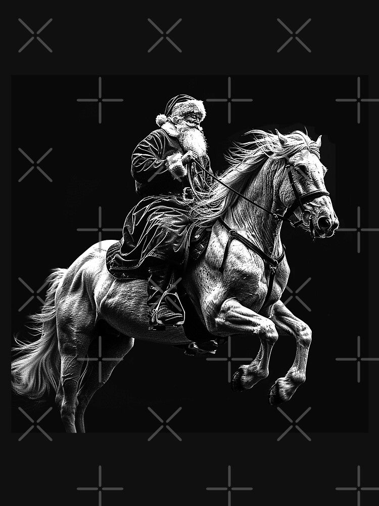 Santa Riding a Galloping Horse Black and White Christmas Art by inkoutninja