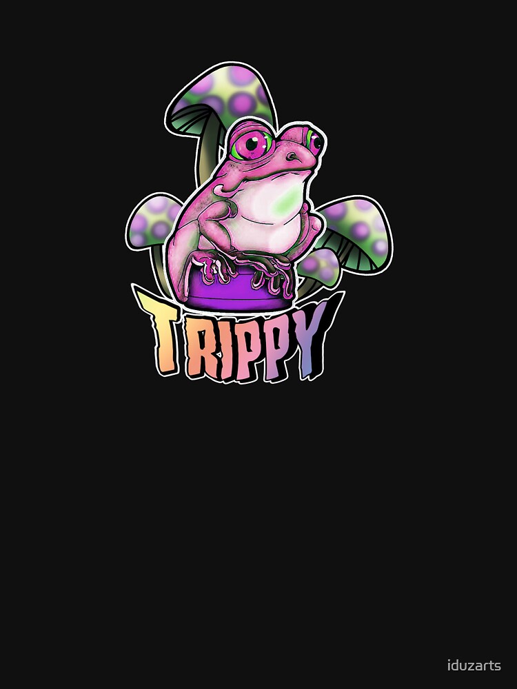 Cute, pink frog on a bottle cap with trippy mushrooms by iduzarts