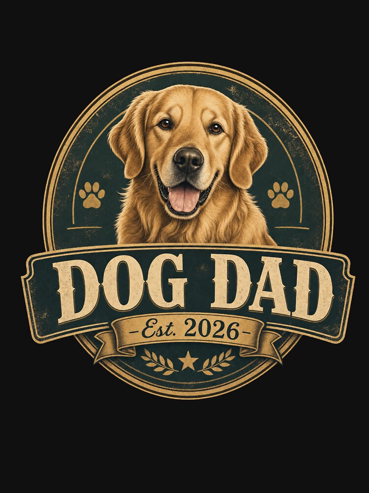 Dog Dad Est 2026 Golden Retriever Vintage Badge T-Shirt by Ashley critters