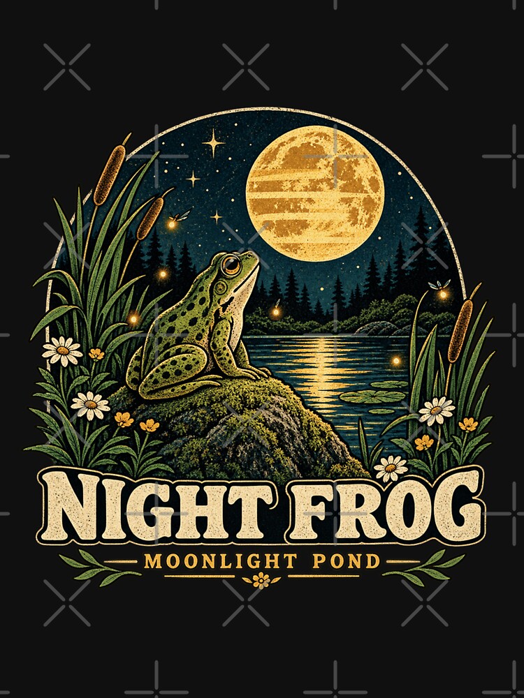 Night Frog Moonlight Pond Vintage Nature Illustration by lovepower