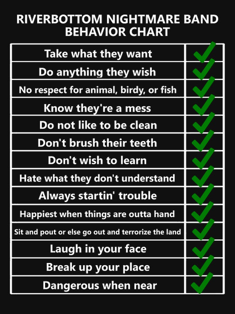 Riverbottom Nightmare Band Behavior Chart by FlowerShirtShop