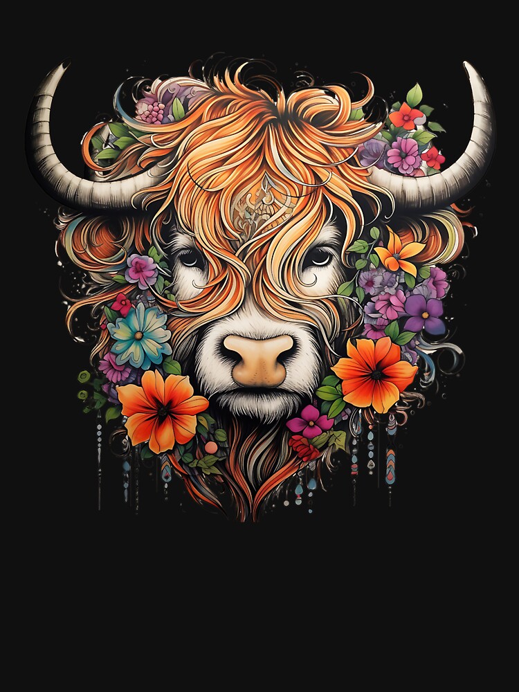 Highland Cow Colorfull With Daisies Flower by LucyArtDesign