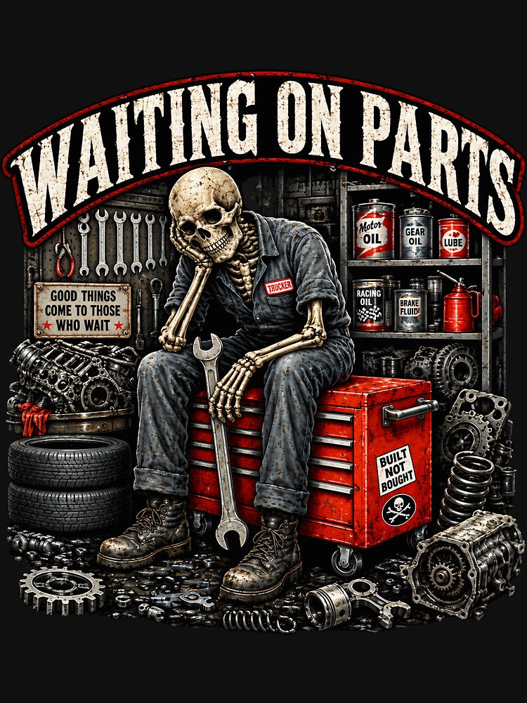 Waiting On Parts Mechanic Skeleton Auto Repair Artwork by netimdomains