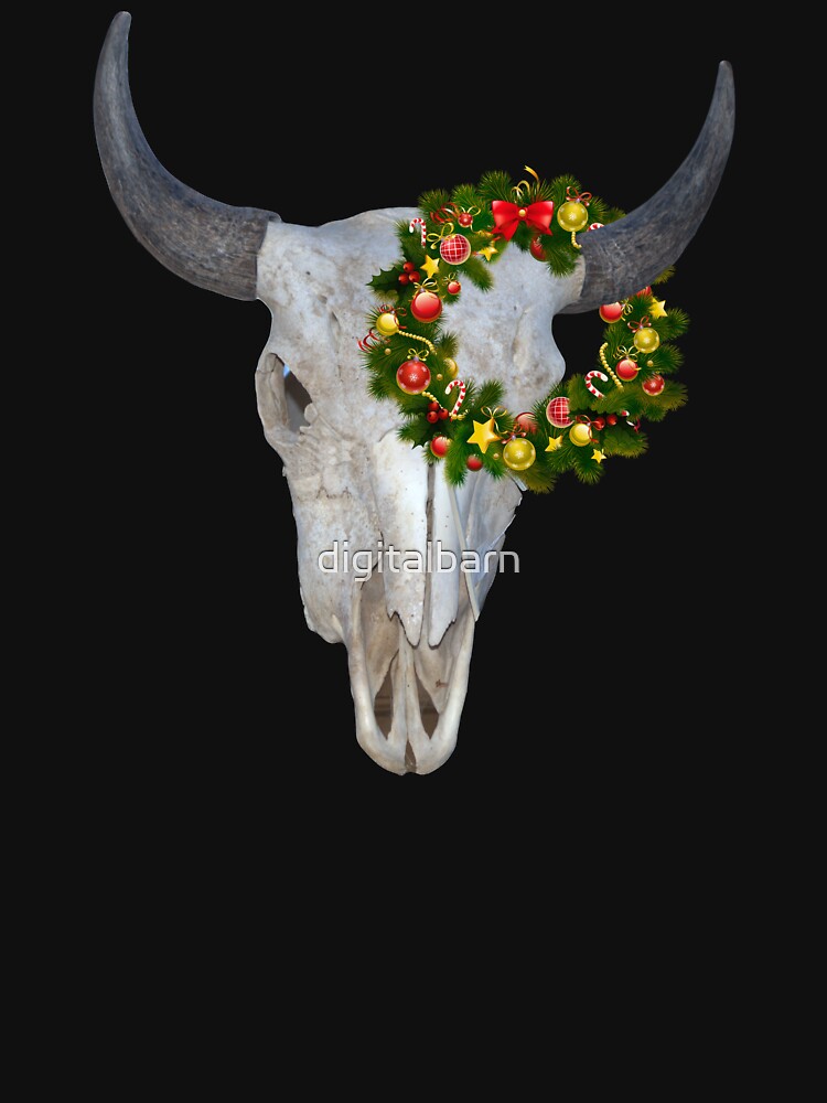 Green Western Christmas "Cow Skull" With A Wreath by digitalbarn