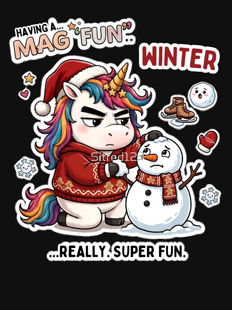 Funny Sarcastic Grumpy Christmas Unicorn Building Snowman Magical Winter Design by Sitred123
