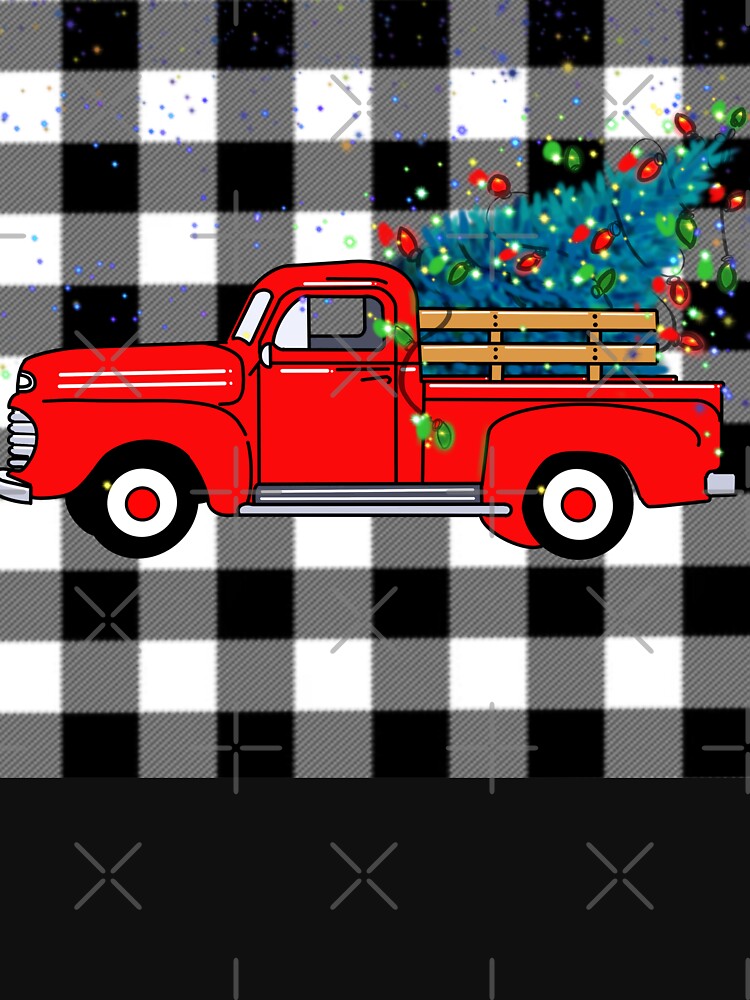 Vintage red pick-up truck drawing, buffalo plaid pattern, holiday design, Christmas tree by hollycooper