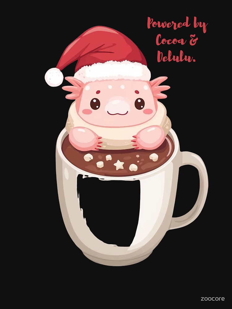 Powered by Cocoa and Delulu – Santa Axolotl Funny Christmas Meme Design by zoocore