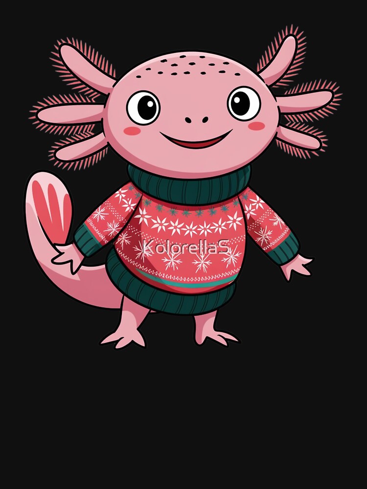 Happy Axolotl in an Ugly Sweater,  Aksoltl Likes Christmas, Axolotl in a Christmas Ugly Sweater by KolorellaS