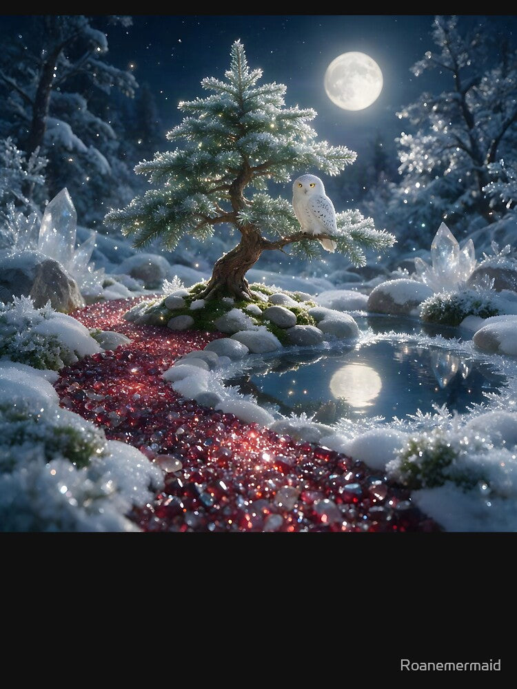 January Garnet Zen Garden – Snowy Owl Moon Crystal Art by Roanemermaid
