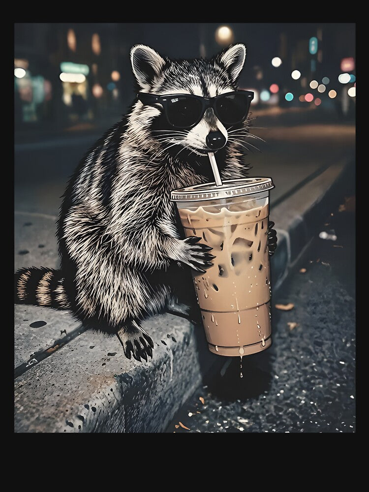 Funny Raccoon Drinking Iced Coffee by Rivolli