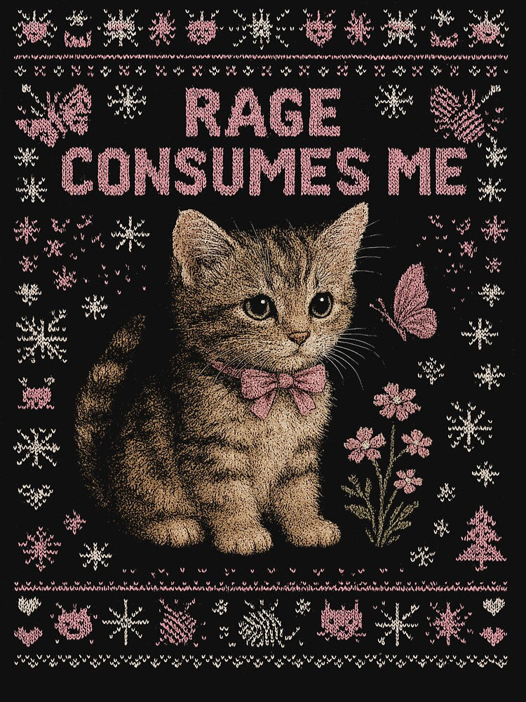 Rage Consumes Me Funny Christmas Ugly Sweatshirt, Funny Kitten Shirt, Funny Cat Meme Holiday T-Shirt, Hilarious Xmas Tee, Weirdcore T-shirts, Cat Lover Gift by Rosqzz